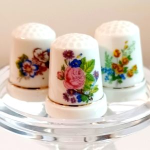3 Floral Themed Thimbles Ceramic Porcelain 1" Sewing Collectable Curio G…